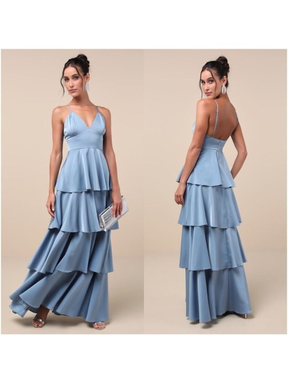 NWT Lulus Going with Elegance Slate Blue Satin Tiered Gown Bridesmaid Gala Small - Picture 1 of 14